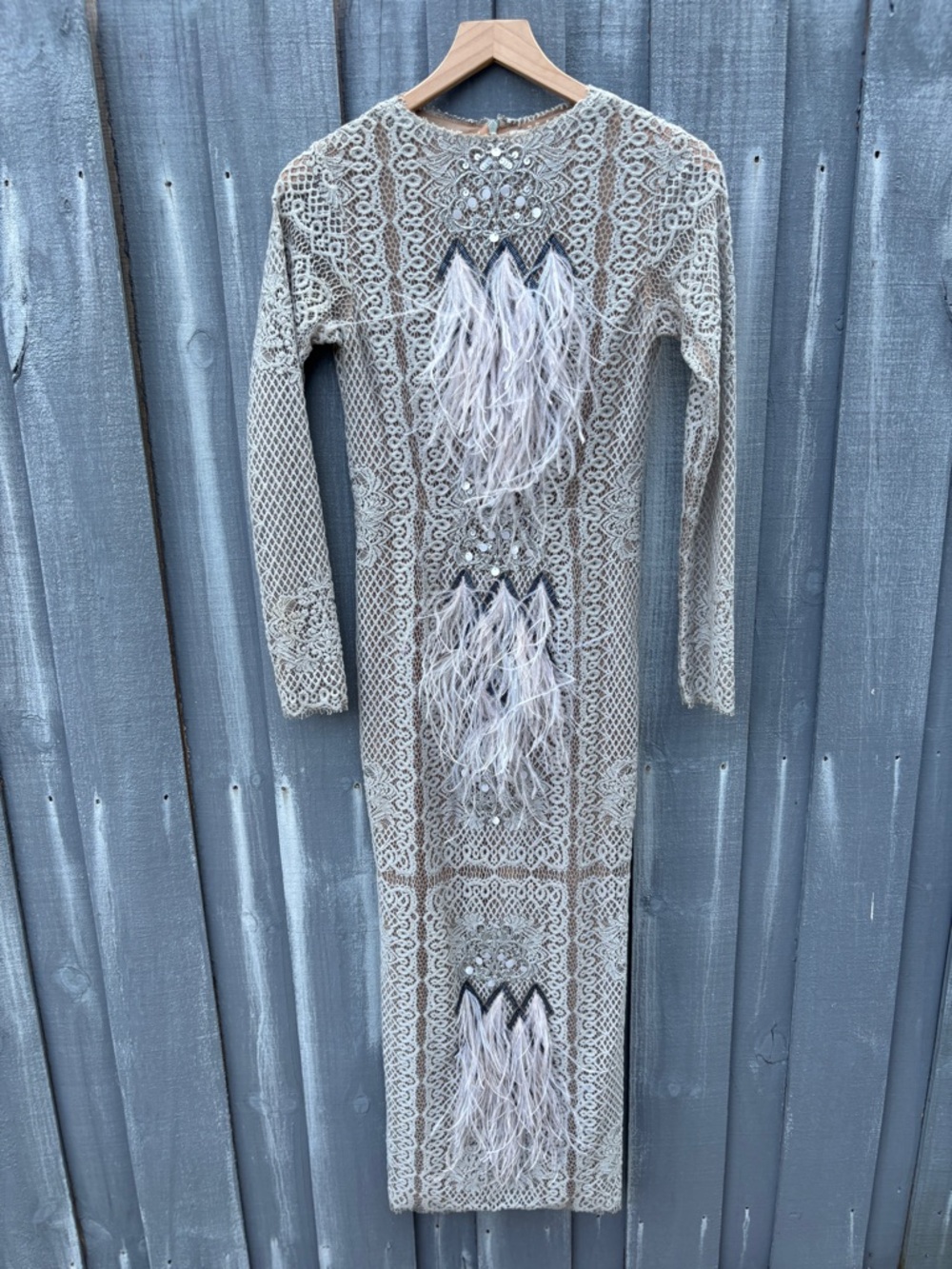 VINTAGE Pale blue Crochet Feather-Trim Long Sleeve Dress - old Hollywood